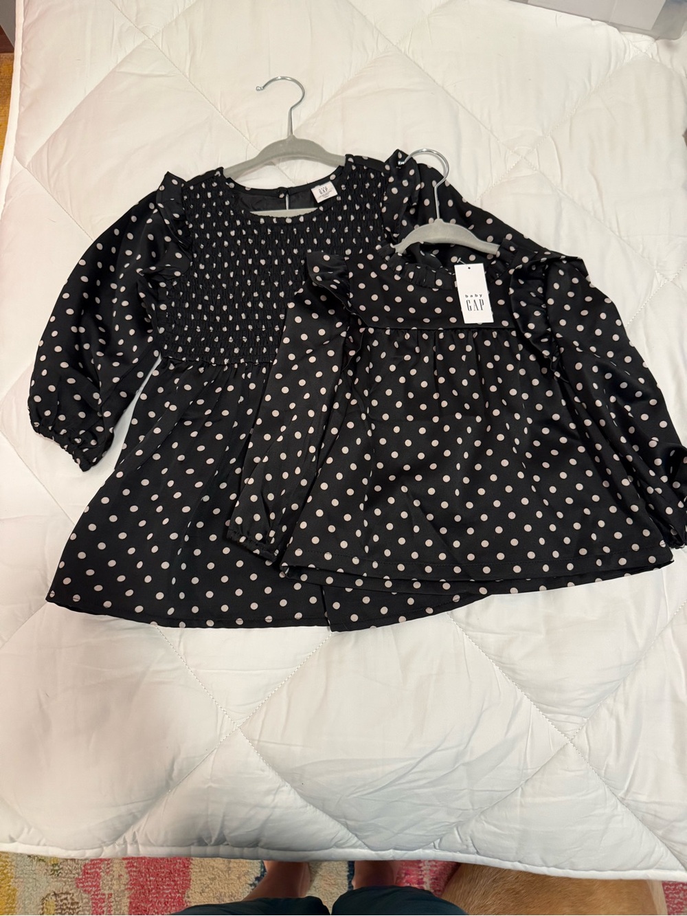 GAP Black Dress with Cream Polka Dots and Ruffle Detail and long sleeve top